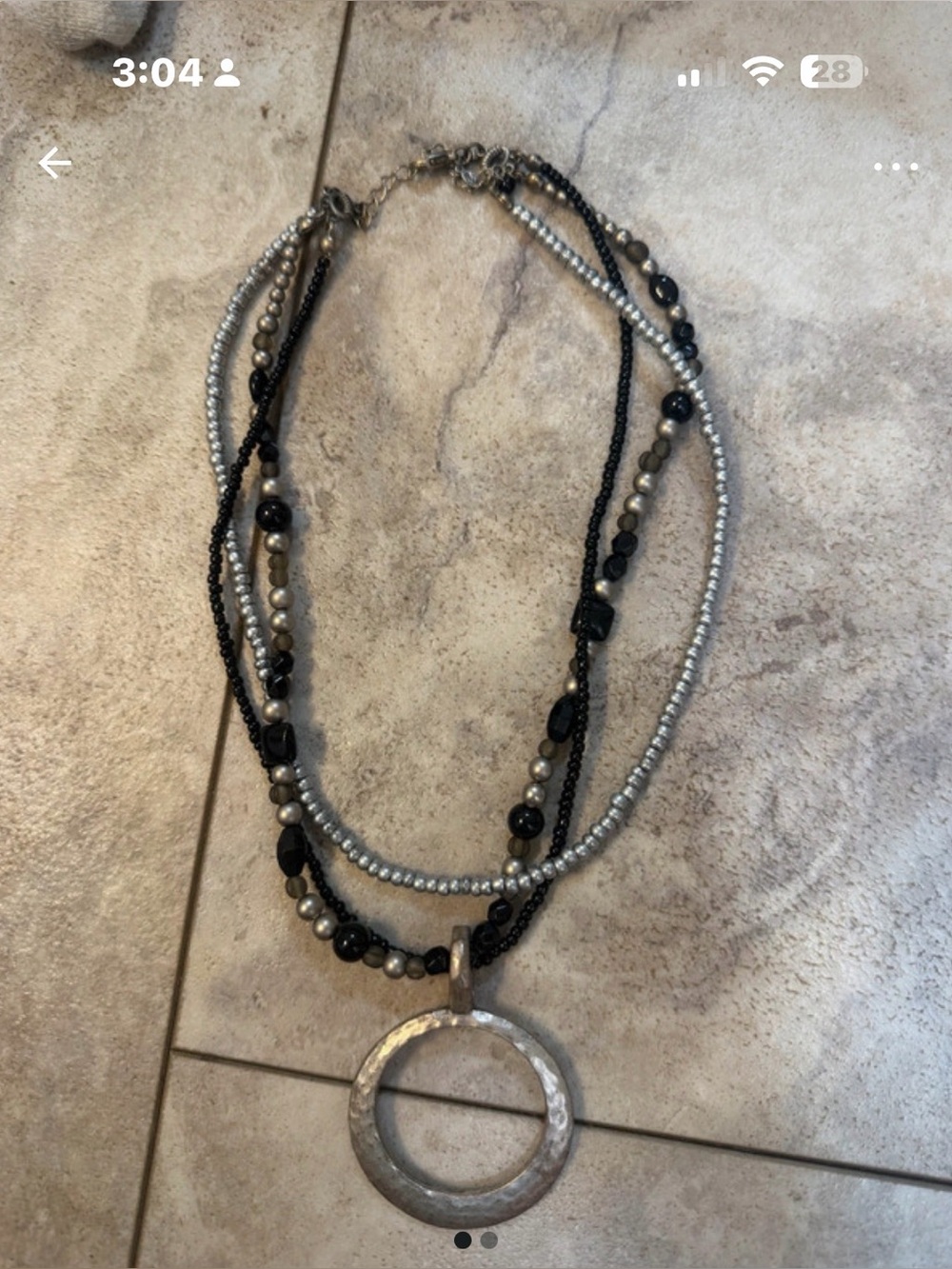 Premier Black and Silver Multi-Strand Necklace with Hammered Circle Pendant